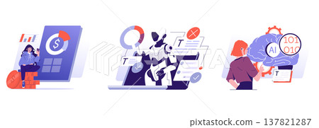 Vector illustration of financial data analysis, AI interaction, and robotics. Depicts a woman with graphs, a robot evaluating text, and another person interacting with AI technology. Vector illustration of financial data analysis, AI interaction, and robotics. Depicts a woman with graphs, a robot evaluating text, and another person interacting with AI technology. 137821287