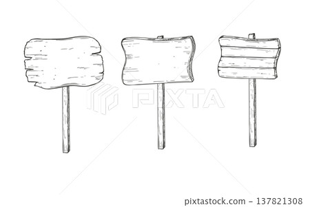 Wooden billboards with empty space for text vector isolated clip art painted by black inks. Hand drawn tourist info sign boards for creating wayfinding systems, road maps, booklet or guidebook Wooden billboards with empty space for text vector isolated clip art painted by black inks. Hand drawn tourist info sign boards for creating wayfinding systems, road maps, booklet or guidebook 137821308