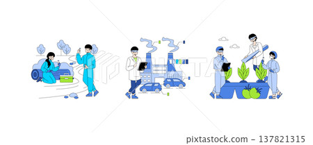 Vector illustration showing scientists conducting environmental research in three scenarios: testing soil, analyzing factory emissions, and examining plant growth in a controlled environment. Vector illustration showing scientists conducting environmental research in three scenarios: testing soil, analyzing factory emissions, and examining plant growth in a controlled environment. 137821315