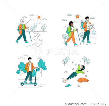 Vector illustration depicting various outdoor activities. Individuals hike, read maps, ride a scooter, and relax with a dog in a serene setting, highlighting leisure and adventure. 137821317