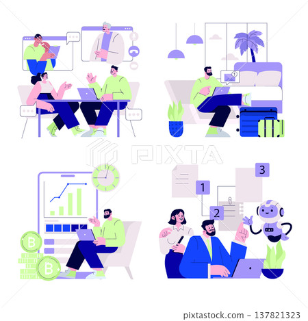 Vector illustration depicting professional team collaboration through virtual meetings, remote work setups, cryptocurrency analysis, and AI interaction. Modern business concepts and teamwork. Vector illustration depicting professional team collaboration through virtual meetings, remote work setups, cryptocurrency analysis, and AI interaction. Modern business concepts and teamwork. 137821323
