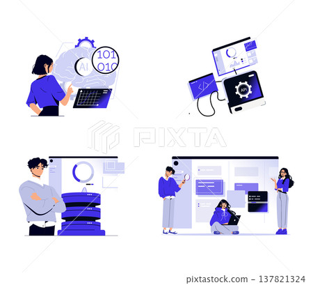 Group collaborating on AI development and data analysis in this vector illustration. Individuals use technology and charts to discuss, analyze, and share insights on artificial intelligence. Group collaborating on AI development and data analysis in this vector illustration. Individuals use technology and charts to discuss, analyze, and share insights on artificial intelligence. 137821324