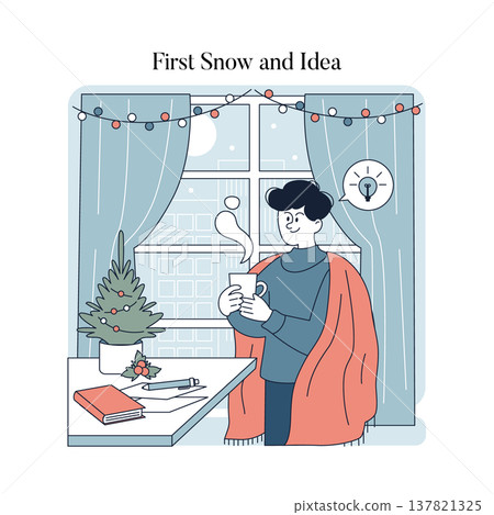 Vector illustration of a person enjoying a hot drink, wrapped in a blanket by a window decorated for winter. A notebook and pen are on the table, suggesting creativity and relaxation. Vector illustration of a person enjoying a hot drink, wrapped in a blanket by a window decorated for winter. A notebook and pen are on the table, suggesting creativity and relaxation. 137821325
