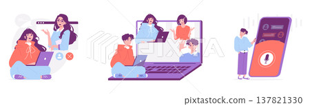 Vector illustration depicting virtual meeting and chat interactions. People using laptops and smartphones for video conferencing and messaging showcase modern communication methods. Vector illustration depicting virtual meeting and chat interactions. People using laptops and smartphones for video conferencing and messaging showcase modern communication methods. 137821330