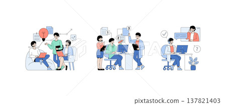 Vector illustration showing three scenes of professional teamwork. Includes office discussions, workflow management, and remote communication, highlighting collaboration and productivity. Vector illustration showing three scenes of professional teamwork. Includes office discussions, workflow management, and remote communication, highlighting collaboration and productivity. 137821403