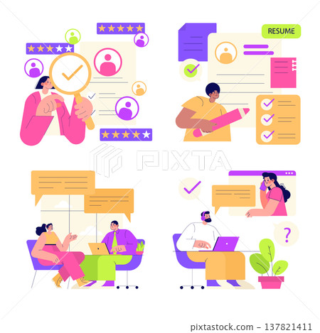 Vector illustration depicting a recruitment process featuring interview scenes, resume reviews, and candidate evaluations. The image captures the essence of hiring and communication. 137821411