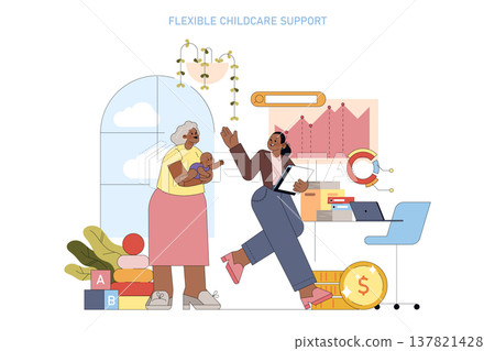 Vector illustration of two women engaged in childcare and work tasks. One woman holds a baby while the other manages work with a laptop and charts, highlighting flexible childcare solutions. 137821428