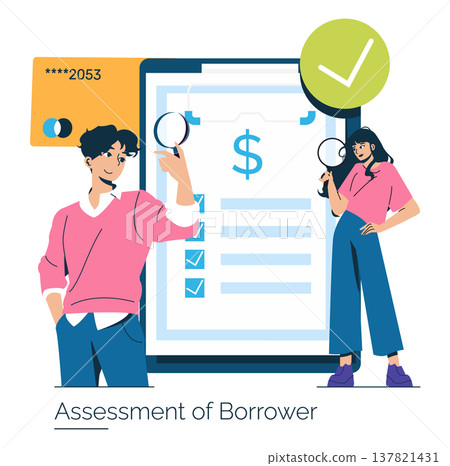 Vector illustration of a borrower assessment process showing two individuals evaluating financial information. Features credit card, checklist, and magnifying glasses symbolizing analysis. 137821431