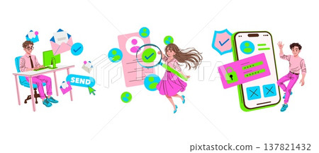 Vector illustration of digital communication processes. A person at a desk sends emails. Another checks security with a magnifying glass. A third person interacts with a secure mobile app interface. 137821432