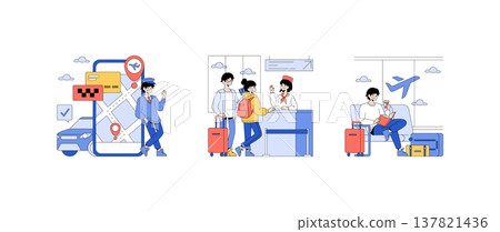 Illustration depicting airport travel processes, including route planning on a smartphone, travelers checking in with airline staff, and waiting at the terminal. Ideal for travel industry concepts. Illustration depicting airport travel processes, including route planning on a smartphone, travelers checking in with airline staff, and waiting at the terminal. Ideal for travel industry concepts. 137821436