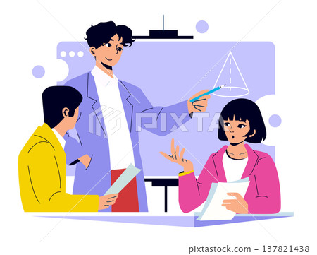 Vector illustration shows a person presenting with enthusiasm to two attentive colleagues. Engaging in a dynamic discussion about a geometric concept on a screen. Vector illustration shows a person presenting with enthusiasm to two attentive colleagues. Engaging in a dynamic discussion about a geometric concept on a screen. 137821438