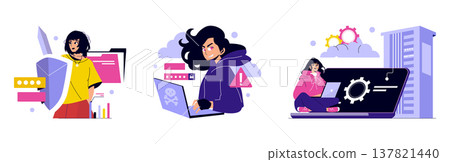 Vector illustration depicting cybersecurity concepts with individuals interacting with digital elements. Displays technology themes, hacking symbols, and protective measures in a vibrant style. Vector illustration depicting cybersecurity concepts with individuals interacting with digital elements. Displays technology themes, hacking symbols, and protective measures in a vibrant style. 137821440