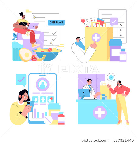 Vector illustration set highlighting healthy lifestyle concepts. Features diverse scenes with people planning diets, consulting pharmacists, using fitness apps, and handling medications. Vector illustration set highlighting healthy lifestyle concepts. Features diverse scenes with people planning diets, consulting pharmacists, using fitness apps, and handling medications. 137821449