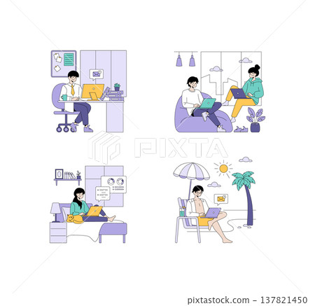 Vector illustration depicting various remote workspaces. Individuals are working on laptops in diverse settings, including a beach, an office, at home, and in a casual lounge area. 137821450