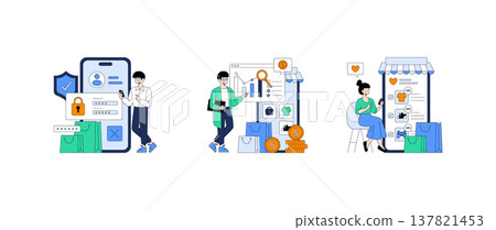 Vector illustration showcasing e-commerce security, marketing analytics, and satisfied shopping experience. Depicts user interaction with mobile security and data analysis for online shopping. Vector illustration showcasing e-commerce security, marketing analytics, and satisfied shopping experience. Depicts user interaction with mobile security and data analysis for online shopping. 137821453