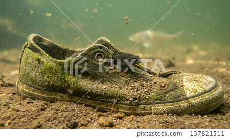 Small fish looks out from the lace hole of an old sunken canvas shoe 137821511