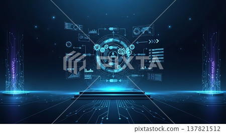 Smart manufacturing interface featuring gear icons and global map on a tech podium 137821512