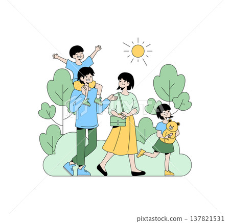 Family of four happily spending time together outdoors with trees and sun in the background. Children express joy, one riding on shoulders, the other with a stuffed toy. Vector illustration. Family of four happily spending time together outdoors with trees and sun in the background. Children express joy, one riding on shoulders, the other with a stuffed toy. Vector illustration. 137821531