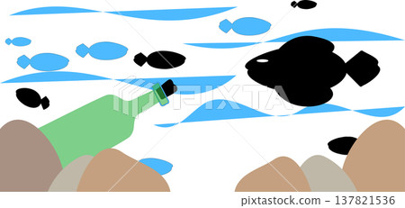 Simple illustration of ocean pollution with plastic bottle on seabed and fish swimming in dark water Simple illustration of ocean pollution with plastic bottle on seabed and fish swimming in dark water 137821536