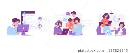 Vector illustration depicting business communication and teamwork. Includes individuals engaging in digital correspondence, collaborative discussions, and presentations. Ideal for concepts of Vector illustration depicting business communication and teamwork. Includes individuals engaging in digital correspondence, collaborative discussions, and presentations. Ideal for concepts of 137821545