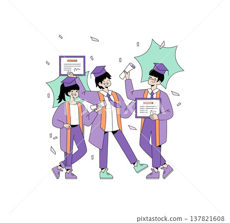 Joyful students in caps and gowns celebrate graduation, holding diplomas and certificates amidst falling confetti. Vector illustration capturing the excitement of academic achievement. 137821608