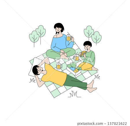 Family enjoying a picnic on a checkered blanket, holding drinks and eating snacks. Relaxed and joyful atmosphere depicted in this vector illustration of outdoor leisure time. 137821622