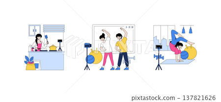 Vector illustration showing daily activities at home including cooking, exercising, and yoga. Individuals engaged in these activities are surrounded by props, emphasizing a lively routine. Vector illustration showing daily activities at home including cooking, exercising, and yoga. Individuals engaged in these activities are surrounded by props, emphasizing a lively routine. 137821626