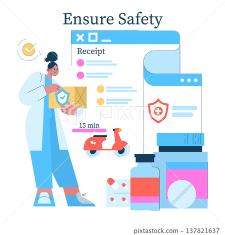 Vector illustration depicting a pharmacist organizing an online prescription delivery service. Features elements like a package, a scooter, and digital receipt, emphasizing safety and efficiency. 137821637
