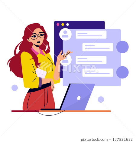 Woman explaining information during a virtual meeting with a laptop and chat interface in the background. Vector illustration perfect for business, technology, or communication themes. Woman explaining information during a virtual meeting with a laptop and chat interface in the background. Vector illustration perfect for business, technology, or communication themes. 137821652