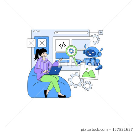 Vector illustration of a woman using a laptop, sitting with a robot as they work on web design. The scene features coding elements and visual editing tools, symbolizing modern tech collaboration. Vector illustration of a woman using a laptop, sitting with a robot as they work on web design. The scene features coding elements and visual editing tools, symbolizing modern tech collaboration. 137821657