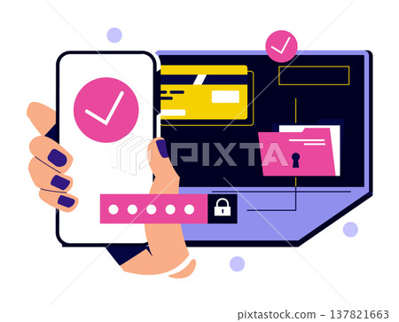 Vector illustration depicting a hand holding a smartphone with a checkmark, alongside a laptop displaying digital payment and security icons, indicating mobile payment security. Vector illustration depicting a hand holding a smartphone with a checkmark, alongside a laptop displaying digital payment and security icons, indicating mobile payment security. 137821663
