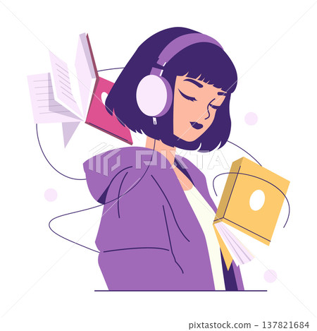 Vector illustration of a woman enjoying audiobooks with headphones. The woman appears relaxed and immersed in the experience, surrounded by flying books, suggesting audio storytelling. Vector illustration of a woman enjoying audiobooks with headphones. The woman appears relaxed and immersed in the experience, surrounded by flying books, suggesting audio storytelling. 137821684