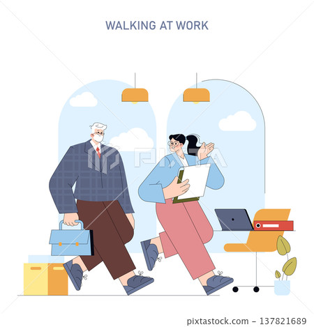 Vector illustration of two professional colleagues walking through an office environment while holding work materials. They seem engaged and focused on a productive conversation. Vector illustration of two professional colleagues walking through an office environment while holding work materials. They seem engaged and focused on a productive conversation. 137821689