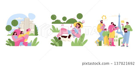 Vector illustrations of three scenes: a family taking a selfie in a park, a woman relaxing with a dog and listening to music, and a family sightseeing. Illustrations feature joyful expressions. 137821692