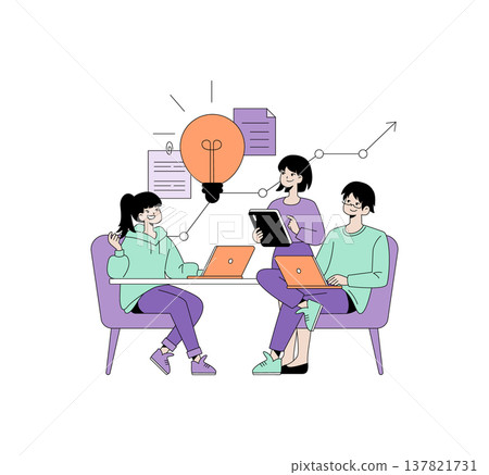 Vector illustration of three people brainstorming ideas around a table with laptops, tablets, and a light bulb symbolizing innovation and teamwork, conveying a concept of collaboration. 137821731