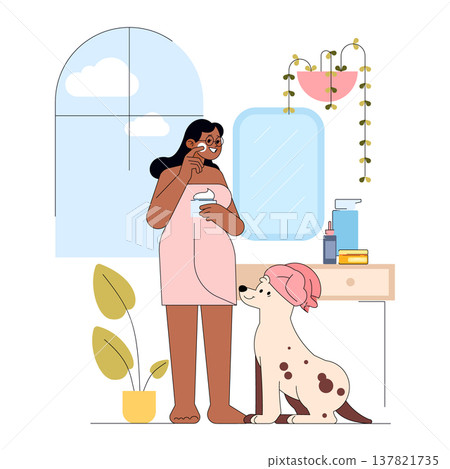 Woman stands in bathroom, smiling as she applies face cream with a towel-clad dog beside her. Vector illustration capturing a moment of skincare routine and companionship. Woman stands in bathroom, smiling as she applies face cream with a towel-clad dog beside her. Vector illustration capturing a moment of skincare routine and companionship. 137821735