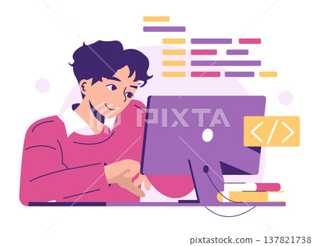 Vector illustration of a focused programmer working on a computer, typing code. The lively colors and coding symbols emphasize the programming theme, highlighting creative energy. Vector illustration of a focused programmer working on a computer, typing code. The lively colors and coding symbols emphasize the programming theme, highlighting creative energy. 137821738