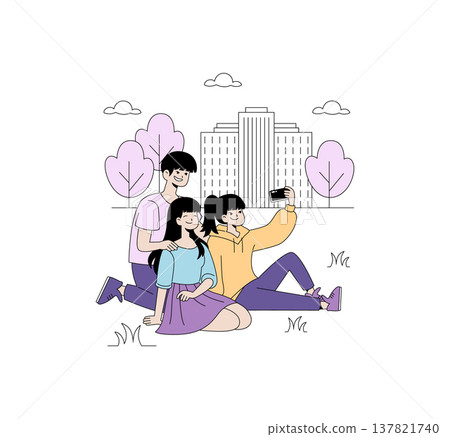 Vector illustration of three friends sitting on grass in front of a city building, joyfully taking a selfie. The scene conveys friendship, leisure, and urban relaxation. Vector illustration of three friends sitting on grass in front of a city building, joyfully taking a selfie. The scene conveys friendship, leisure, and urban relaxation. 137821740