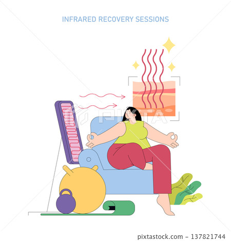 Vector illustration of a person relaxing on a couch during an infrared recovery session. The scene includes wellness elements like a heater, yoga mat, and kettlebell. Vector illustration of a person relaxing on a couch during an infrared recovery session. The scene includes wellness elements like a heater, yoga mat, and kettlebell. 137821744