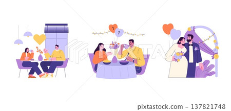 Vector illustration set featuring couples in different romantic celebrations. Includes a casual date, an anniversary toast, and a wedding moment. Ideal for themes of love and relationships. Vector illustration set featuring couples in different romantic celebrations. Includes a casual date, an anniversary toast, and a wedding moment. Ideal for themes of love and relationships. 137821748