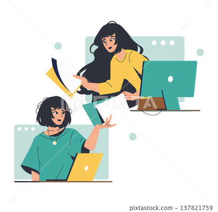 Vector illustration of two women collaborating digitally in an office setting. One passes a document to the other across computer screens, emphasizing teamwork and communication. Vector illustration of two women collaborating digitally in an office setting. One passes a document to the other across computer screens, emphasizing teamwork and communication. 137821759