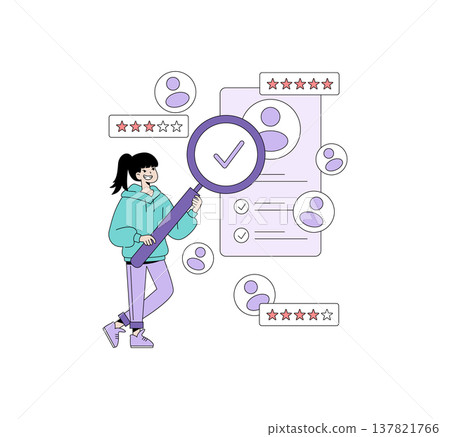 Vector illustration of a young woman holding a magnifying glass, analyzing user ratings on a digital platform. The image highlights evaluation, feedback, and decision-making concepts. 137821766