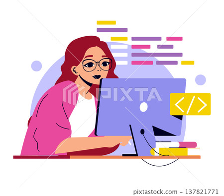 Female programmer engaged in coding at a desk, focused intently on the project. This vector illustration captures modern tech work culture and creativity in problem-solving. 137821771