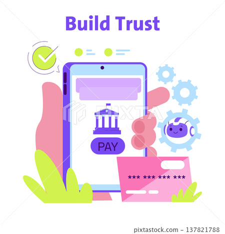 Vector illustration depicting the concept of building trust in mobile payment systems. A robotic figure interacts with a digital payment platform, emphasizing security and innovation. 137821788