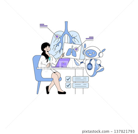 Vector illustration of a woman working with a robot to analyze lung health using a laptop and medical imagery, showing technology's role in healthcare advancements and AI collaboration. Vector illustration of a woman working with a robot to analyze lung health using a laptop and medical imagery, showing technology's role in healthcare advancements and AI collaboration. 137821793