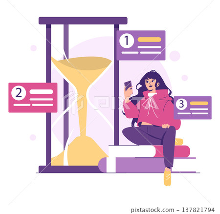 Vector illustration of a woman sitting relaxed with a phone beside a large hourglass. She is wearing casual clothing and checking her device, conveying a sense of calm and leisure. 137821794