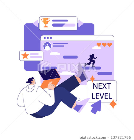 Vector illustration of a person sitting with a laptop, observing a digital leaderboard and reaching the next level. The image highlights success, achievement, and progress in a digital context. Vector illustration of a person sitting with a laptop, observing a digital leaderboard and reaching the next level. The image highlights success, achievement, and progress in a digital context. 137821796
