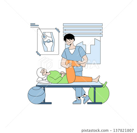 Physical therapist assisting an elderly patient with leg exercises on a treatment table. The therapist is focused on helping with rehabilitation while the patient is relaxed. Vector illustration. Physical therapist assisting an elderly patient with leg exercises on a treatment table. The therapist is focused on helping with rehabilitation while the patient is relaxed. Vector illustration. 137821807