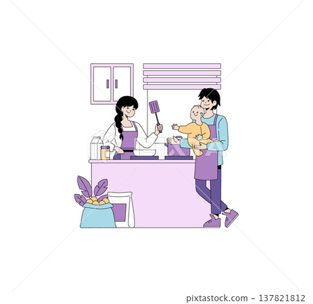 Vector illustration of a family cooking together in a kitchen. The mother holds a spatula, while the father holds the baby. Ingredients are on the counter, creating a cozy, domestic scene. Vector illustration of a family cooking together in a kitchen. The mother holds a spatula, while the father holds the baby. Ingredients are on the counter, creating a cozy, domestic scene. 137821812