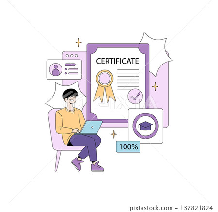 Vector illustration of a man sitting with a laptop, happily earning a certificate online. The scene highlights the digital learning process and sense of achievement. Vector illustration of a man sitting with a laptop, happily earning a certificate online. The scene highlights the digital learning process and sense of achievement. 137821824